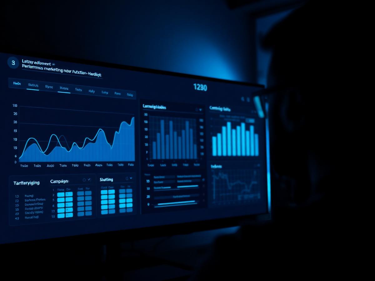 Ultrawide monitor showing a performance marketing dashboard in blue tones