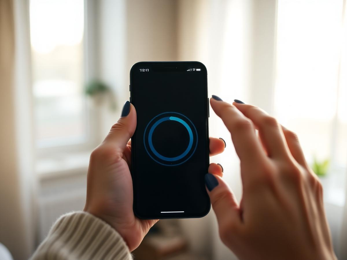 Hands holding a phone showing a dark-mode wellness app with progress rings