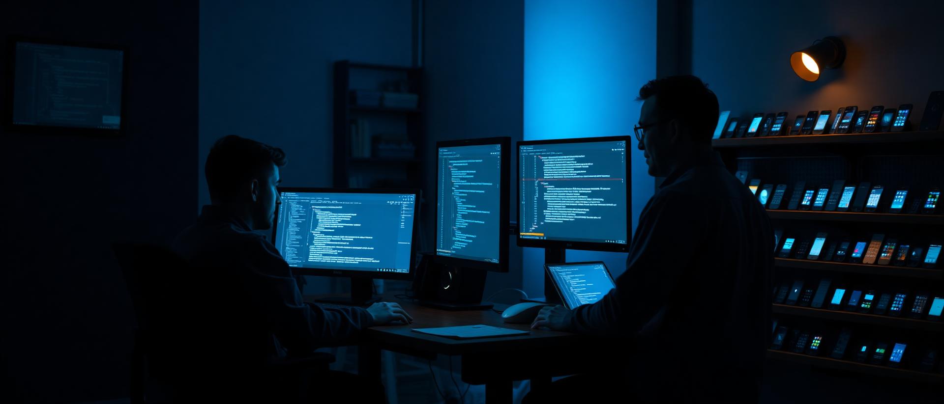 Two engineers pair-programming beside a wall of test devices