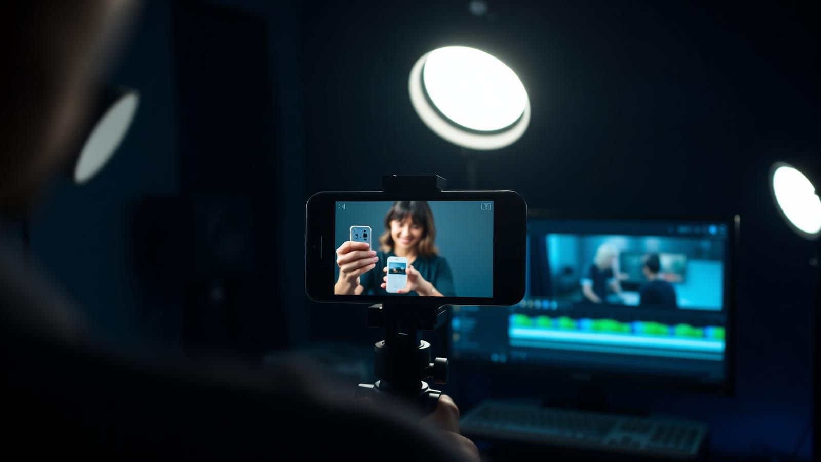A UGC content studio with ring light, phone on a gimbal and an ad-editing timeline