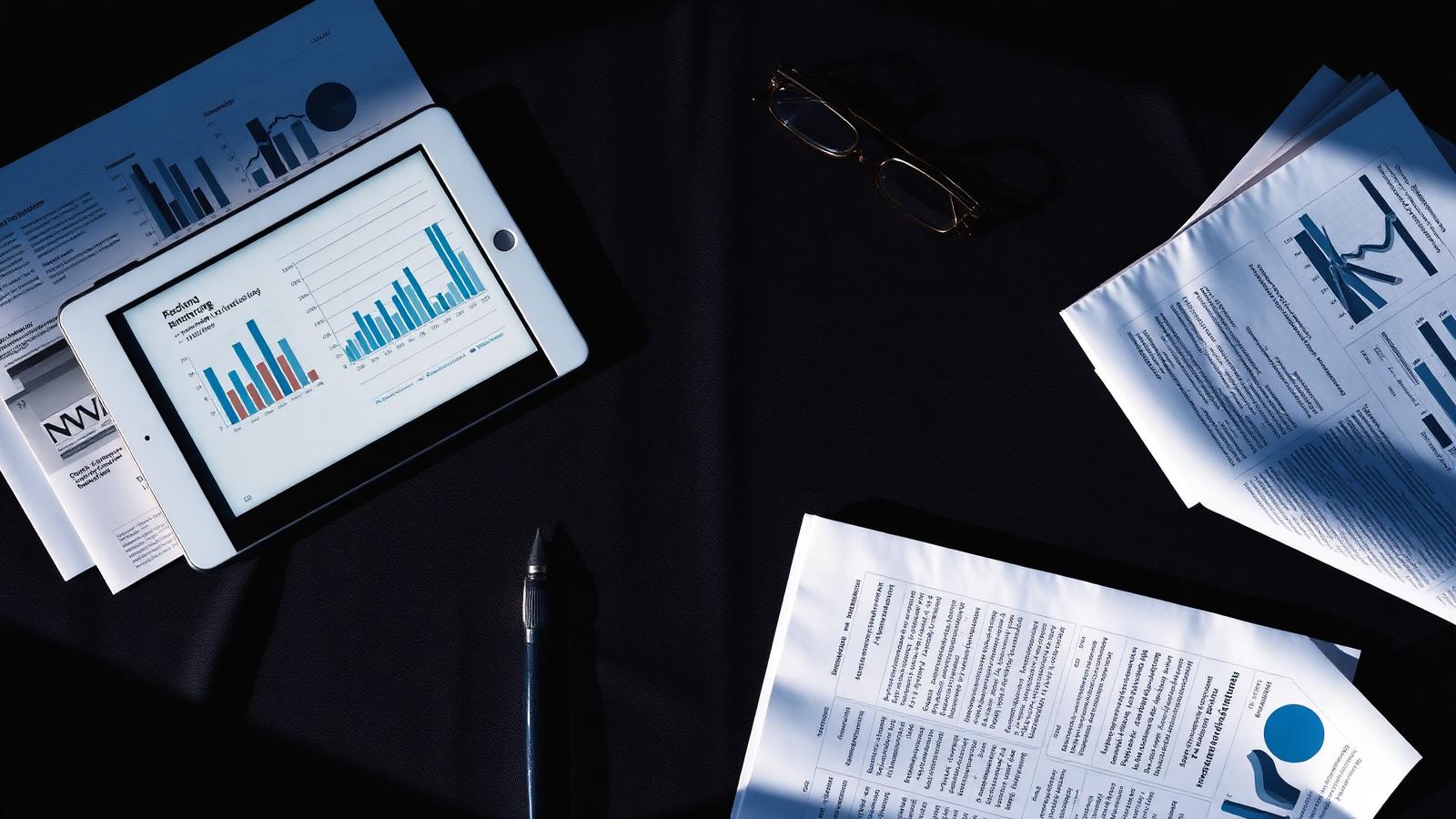 Printed data reports, a tablet with charts, glasses and a pen on dark linen