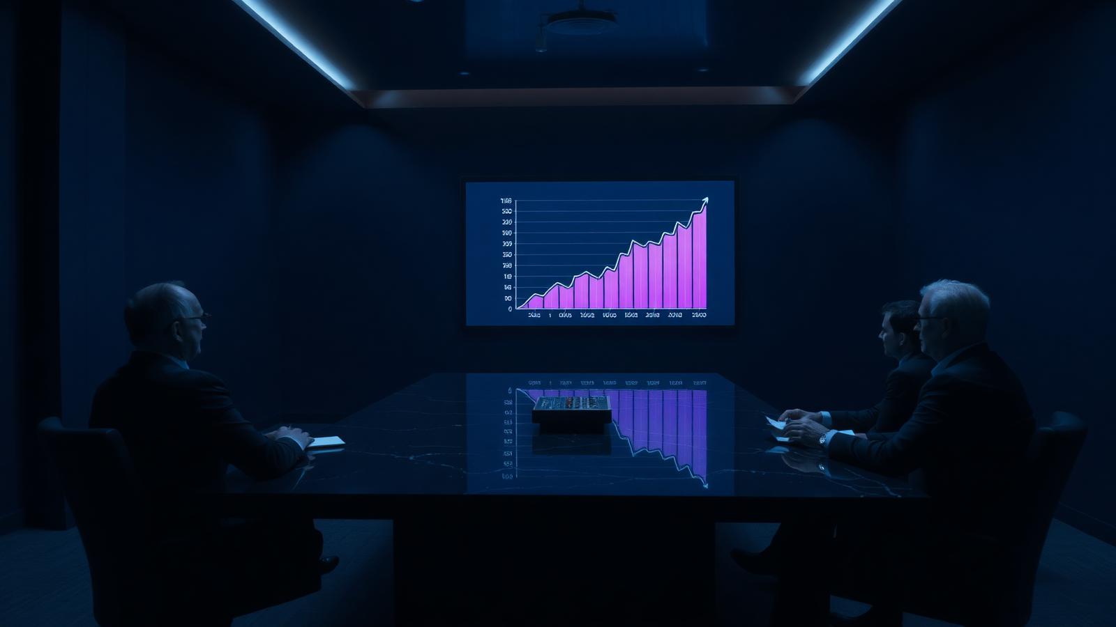A presenter beside a screen showing a rising portfolio chart in a dark boardroom