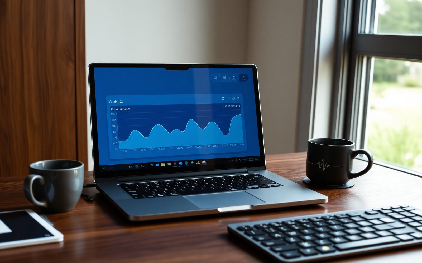 Laptop on a dark desk showing an analytics dashboard with revenue curves