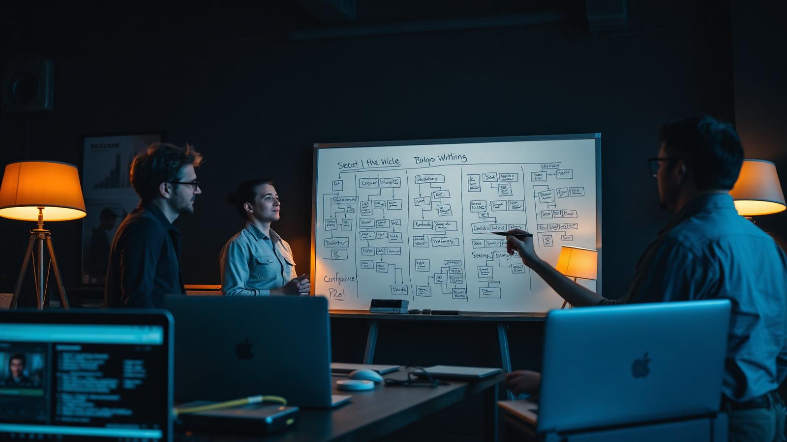 A small product team working around a glass whiteboard in a dark studio loft